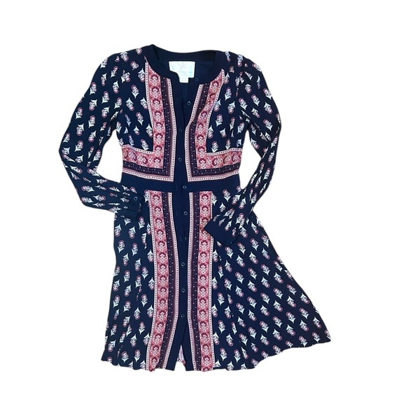 Gal Meets Glam Woodblock Print Midi Dress Size 0 Button Up Long Sleeve Blue - Picture 7 of 13